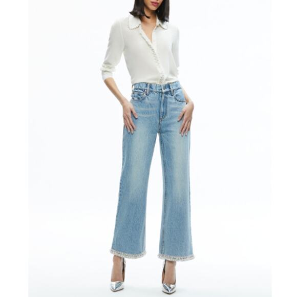 NWT Alice + Olivia  Rockstar Blue Ora High Rise Embellished Jeans Size 24 PEARLS - Picture 1 of 15